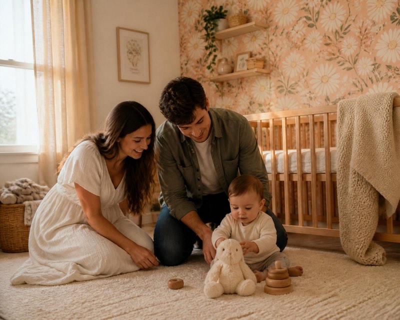 Parents playing with their baby on the floor of a nursery